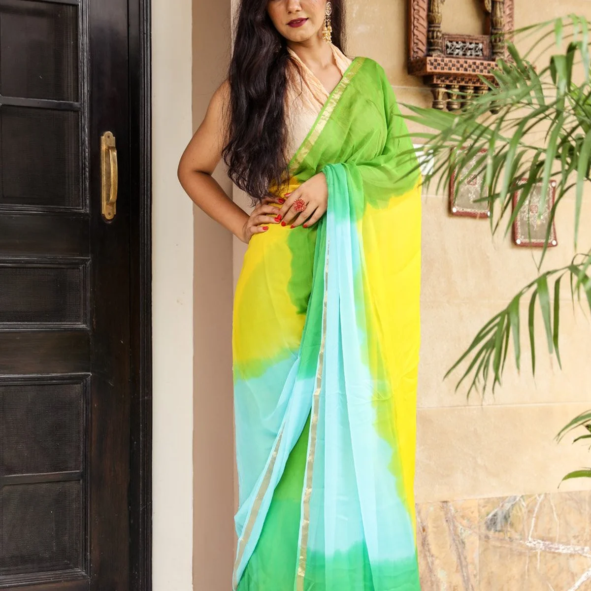 Green & Yellow Golden Border Chiffon Saree with Blouse Piece thumbnail 4