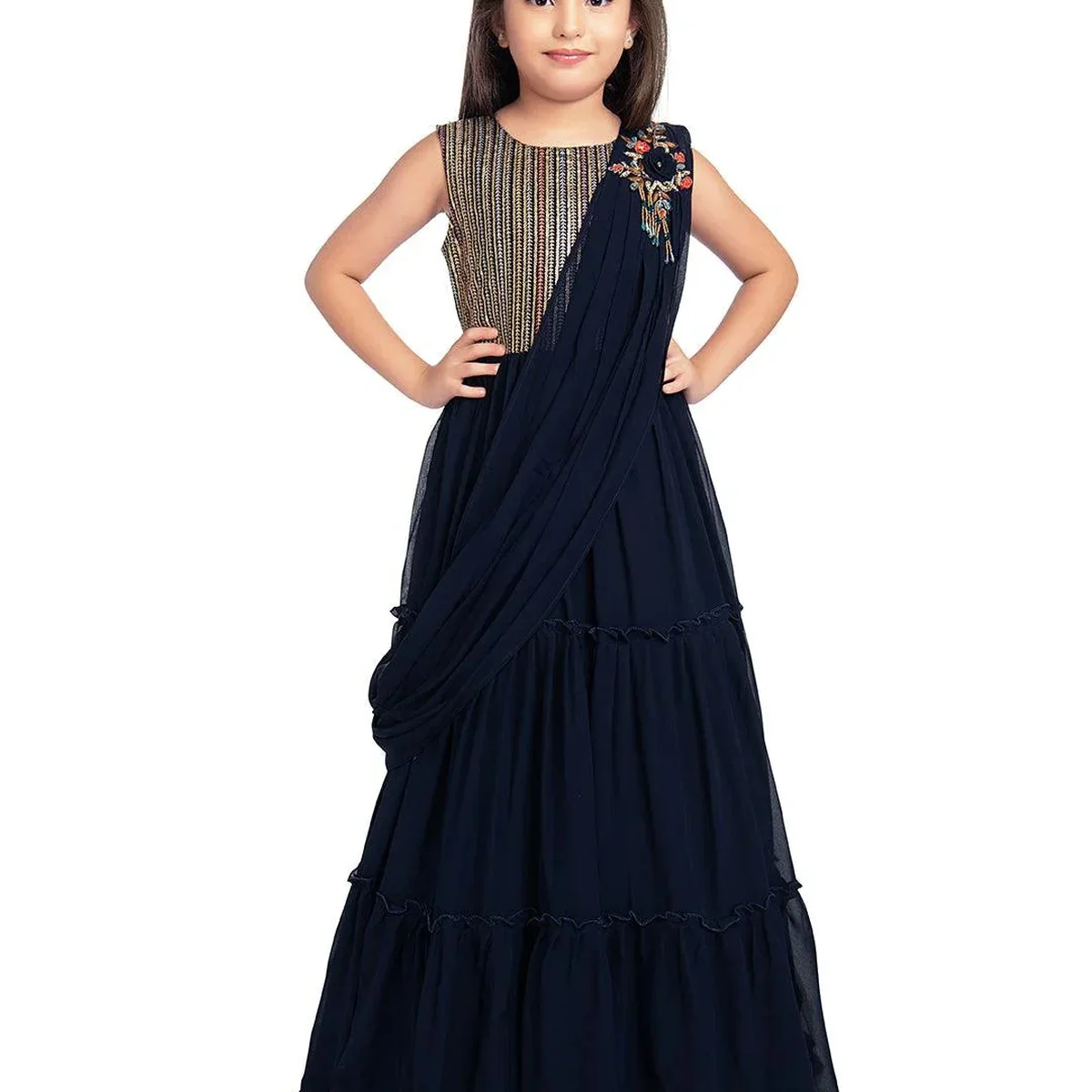 Navy Blue Coloured Embroidered Georgette Saree Style Dupatta Gown For Girls - Image 1