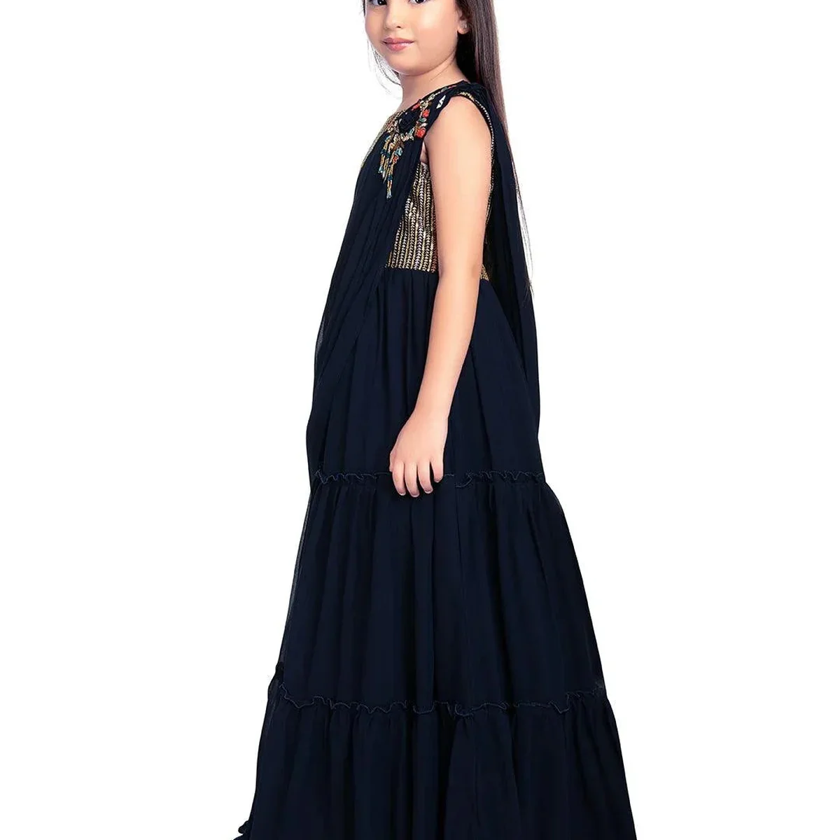 Navy Blue Coloured Embroidered Georgette Saree Style Dupatta Gown For Girls thumbnail 2