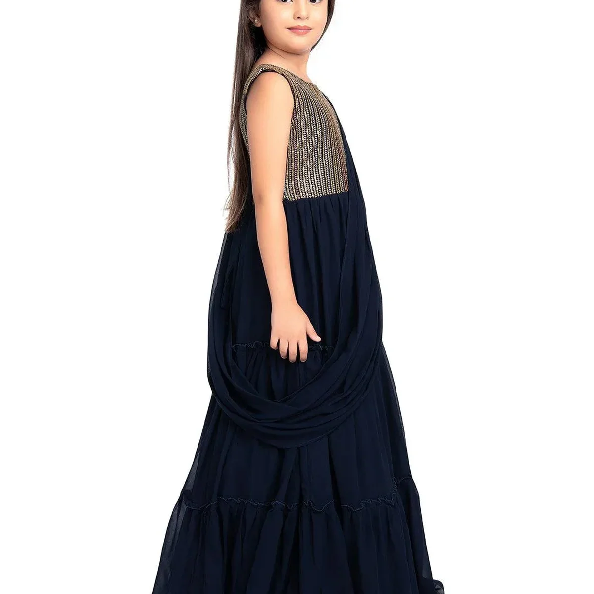 Navy Blue Coloured Embroidered Georgette Saree Style Dupatta Gown For Girls thumbnail 3