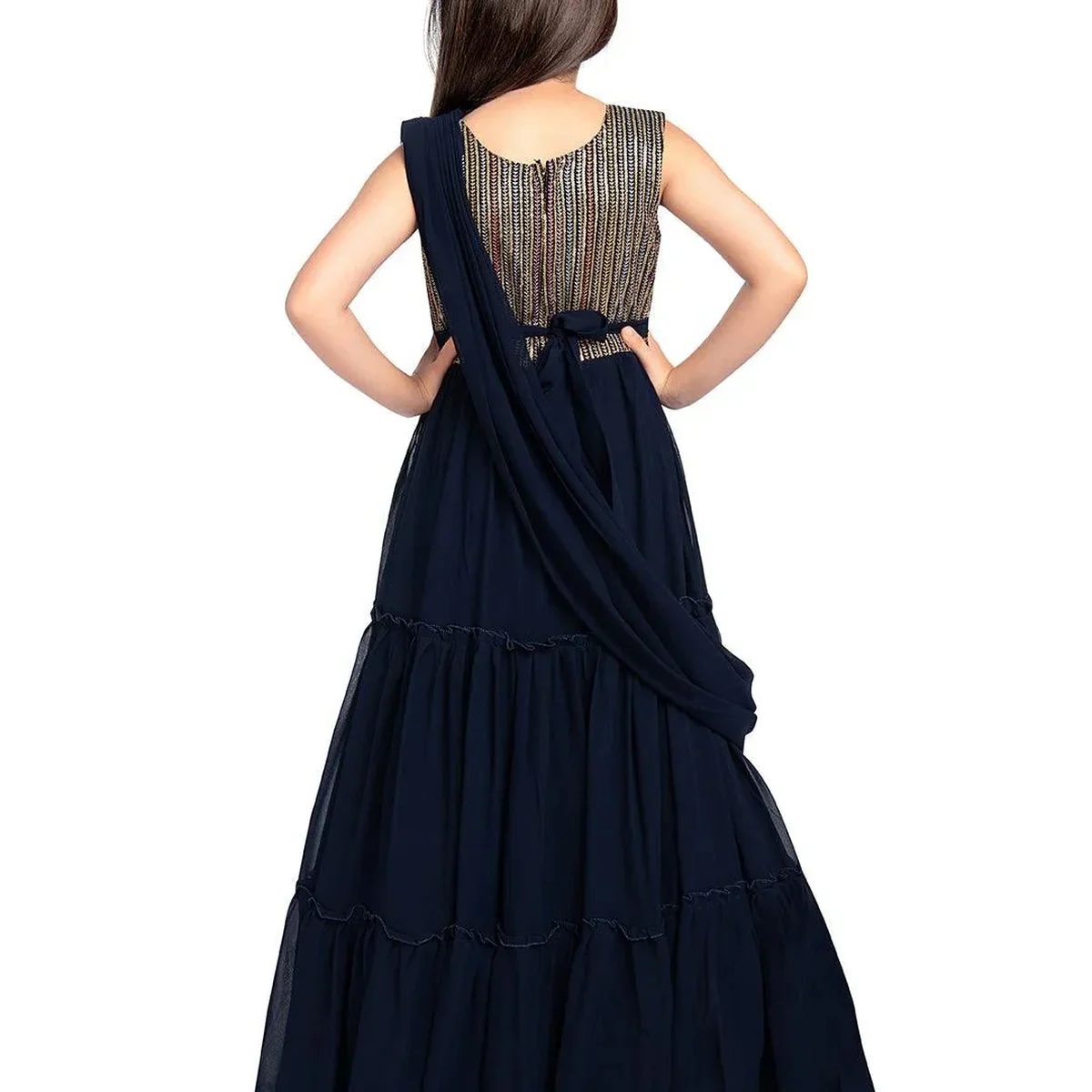 Navy Blue Coloured Embroidered Georgette Saree Style Dupatta Gown For Girls thumbnail 4
