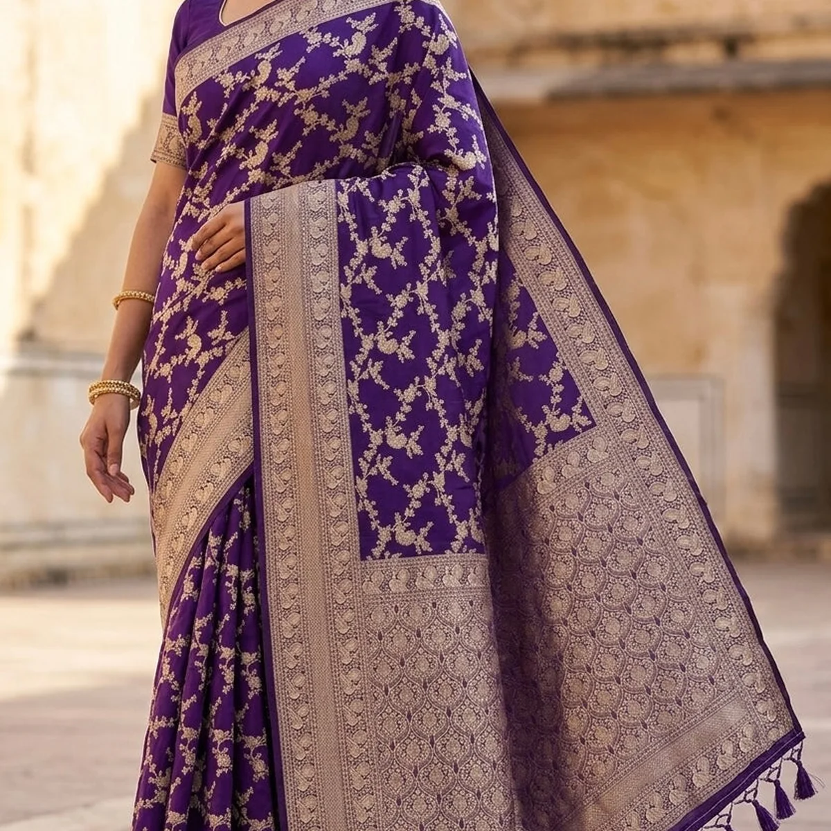 Royal Violet Banarasi Georgette Saree with Intricate Full Jaal Zari - Image 1
