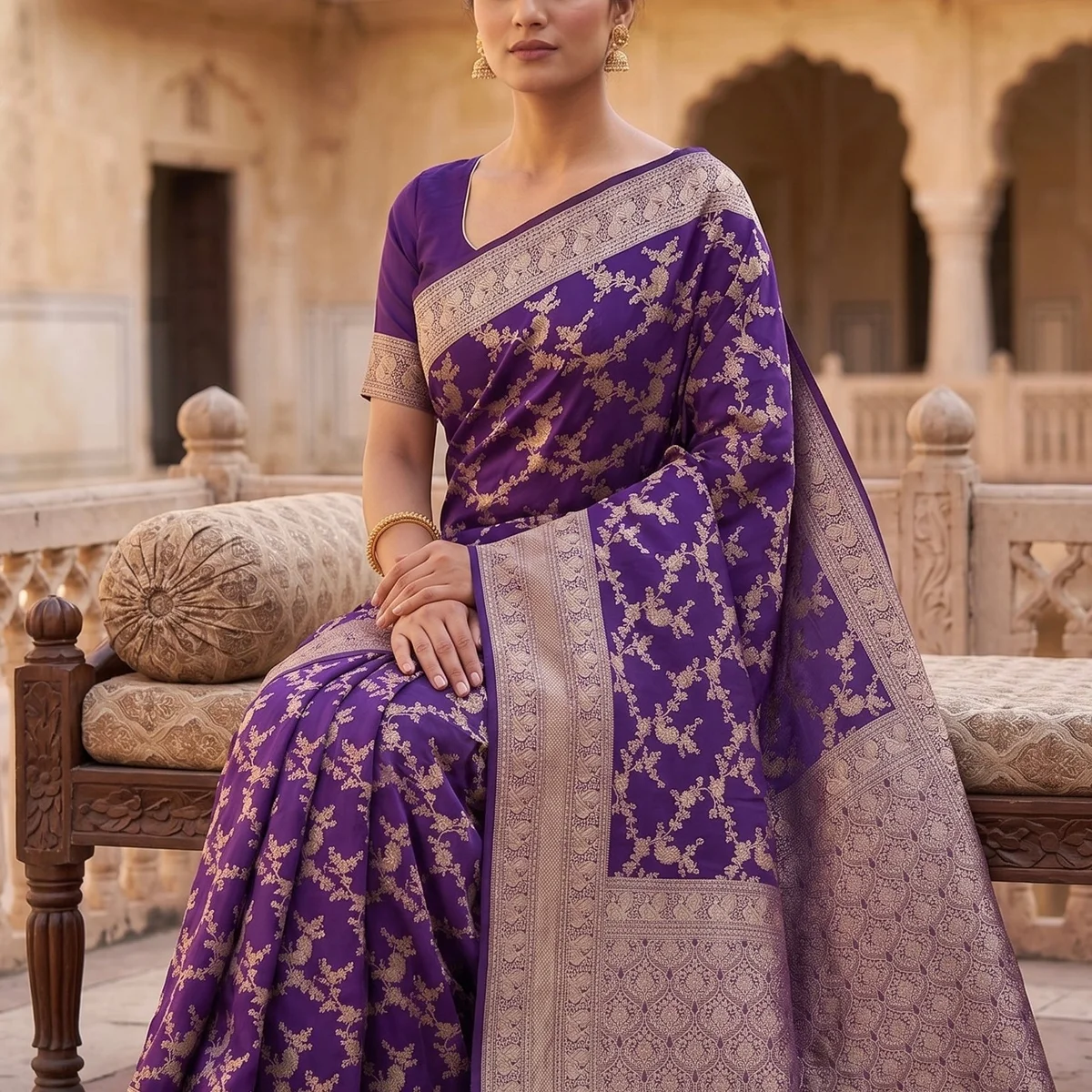 Royal Violet Banarasi Georgette Saree with Intricate Full Jaal Zari thumbnail 2