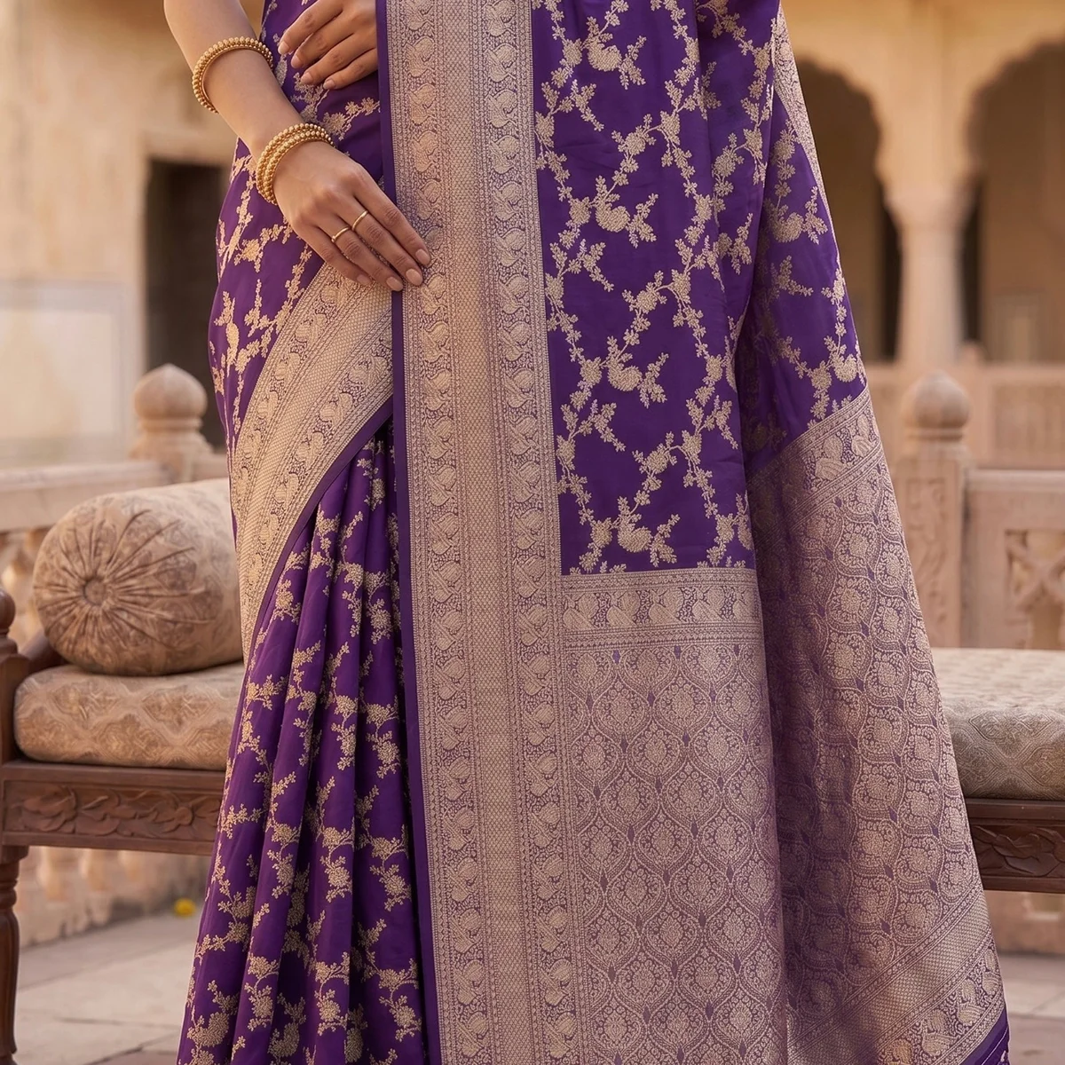 Royal Violet Banarasi Georgette Saree with Intricate Full Jaal Zari thumbnail 3