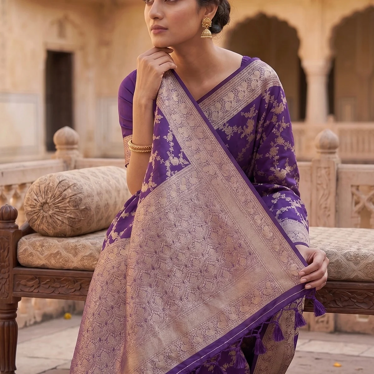 Royal Violet Banarasi Georgette Saree with Intricate Full Jaal Zari thumbnail 4