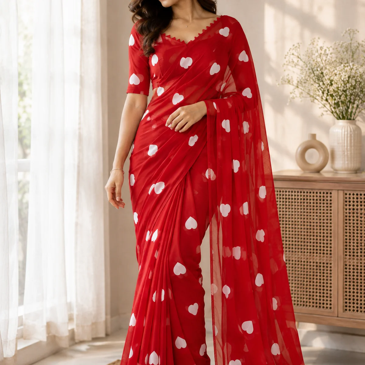 Romantic White Heart Print Georgette Saree with Matching Blouse | Elegant Party & Casual Wear thumbnail 2