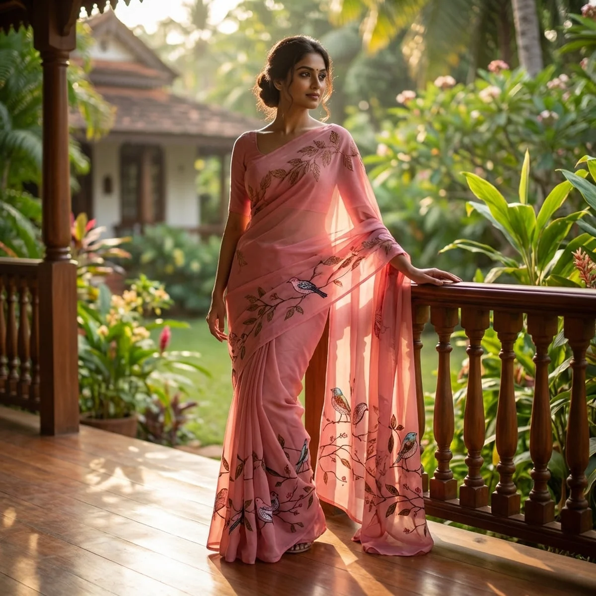 Pink bird emb georgette saree - Image 1
