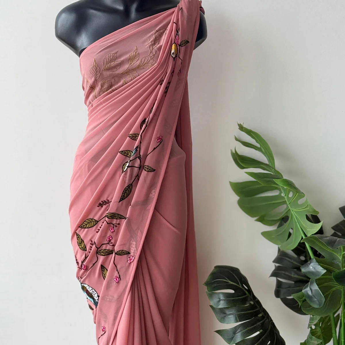 Pink bird emb georgette saree thumbnail 2