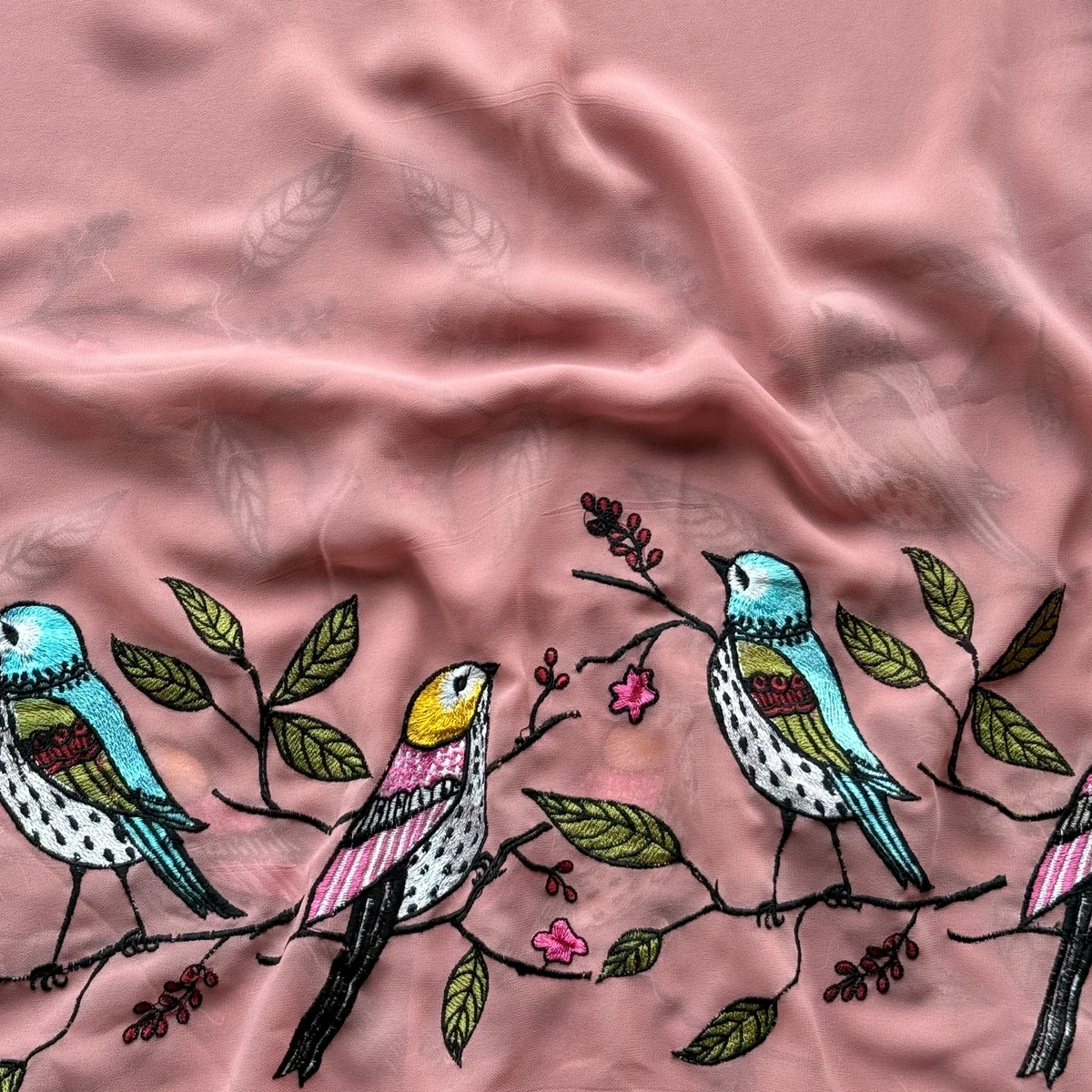 Pink bird emb georgette saree thumbnail 3