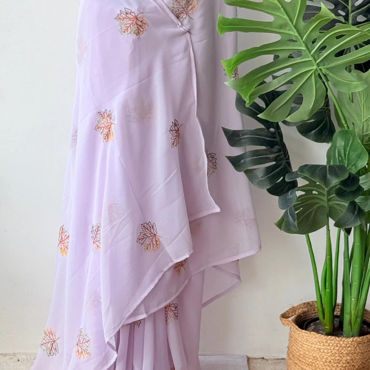 Lavender maple leaf emb georgette saree thumbnail 3