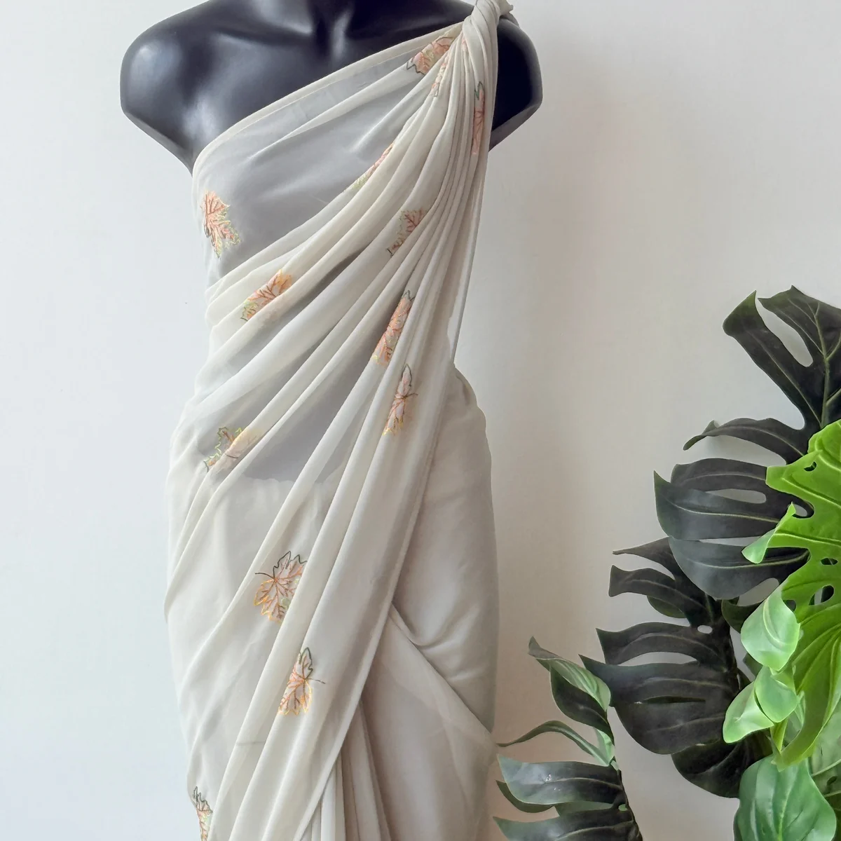 Pastel green maple leaf emb georgette saree - Image 1
