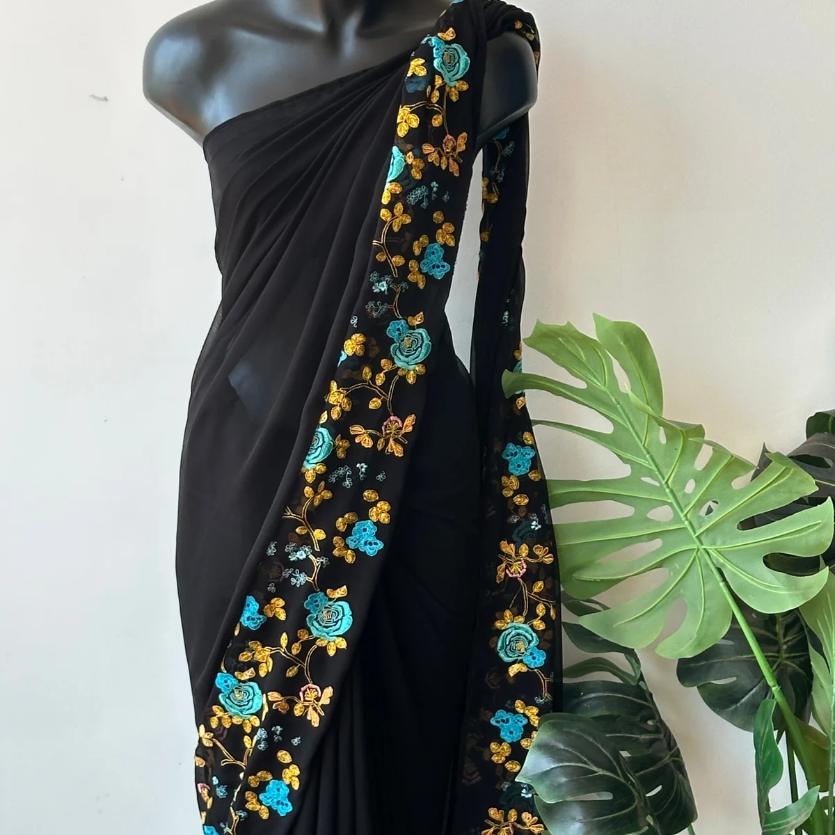 Floral emb Black georgette saree - Image 1