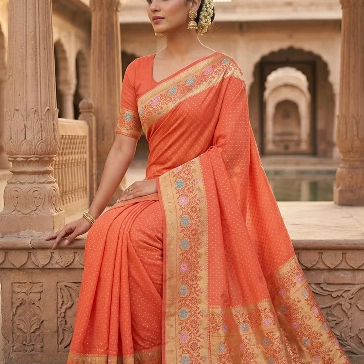 Classic Banarasi Georgette Saree – Light Orange with Paithani Border thumbnail 2