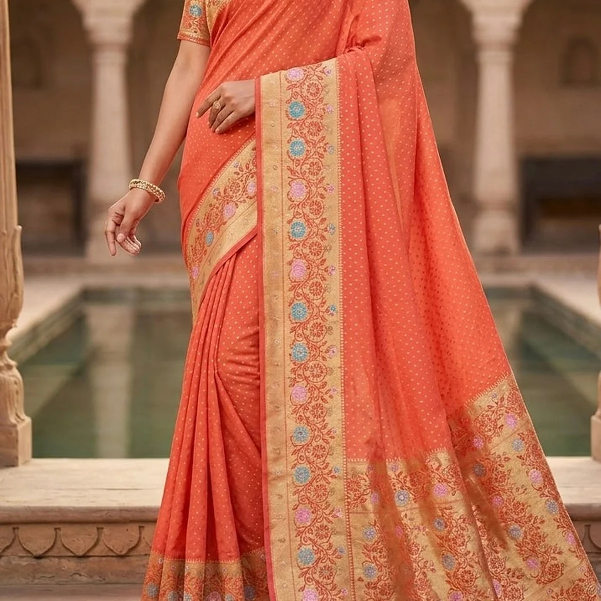 Classic Banarasi Georgette Saree – Light Orange with Paithani Border thumbnail 3