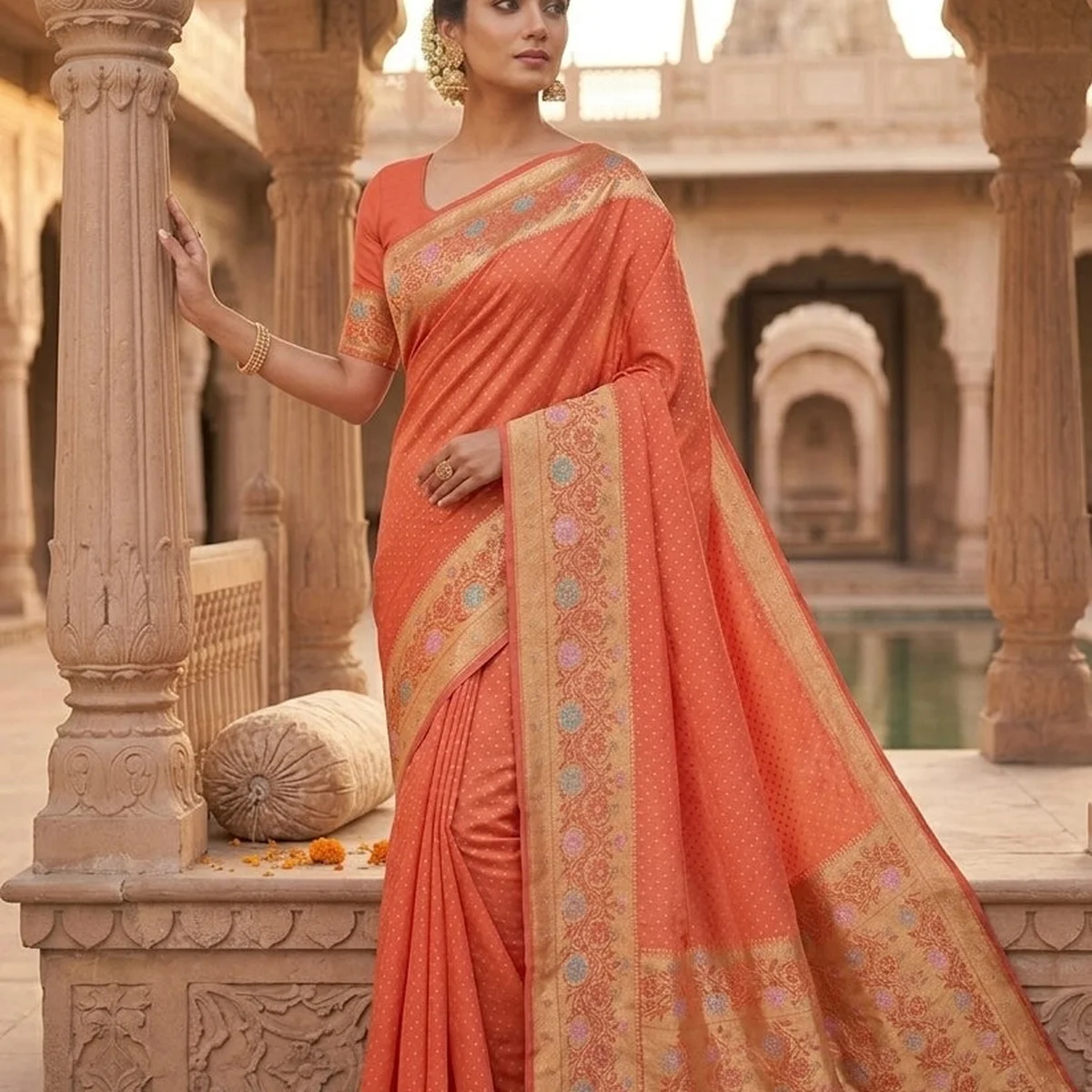 Classic Banarasi Georgette Saree – Light Orange with Paithani Border thumbnail 4