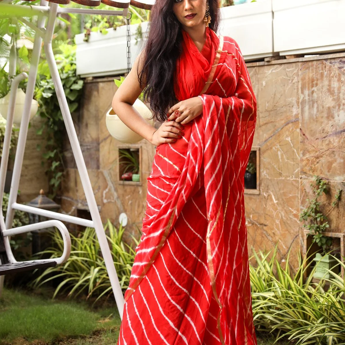 Red Lahariya Gota Work Chiffon Saree with Blouse Piece thumbnail 3