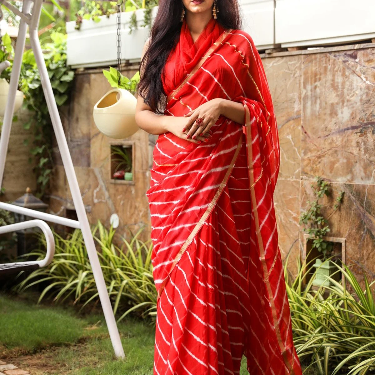 Red Lahariya Gota Work Chiffon Saree with Blouse Piece thumbnail 4