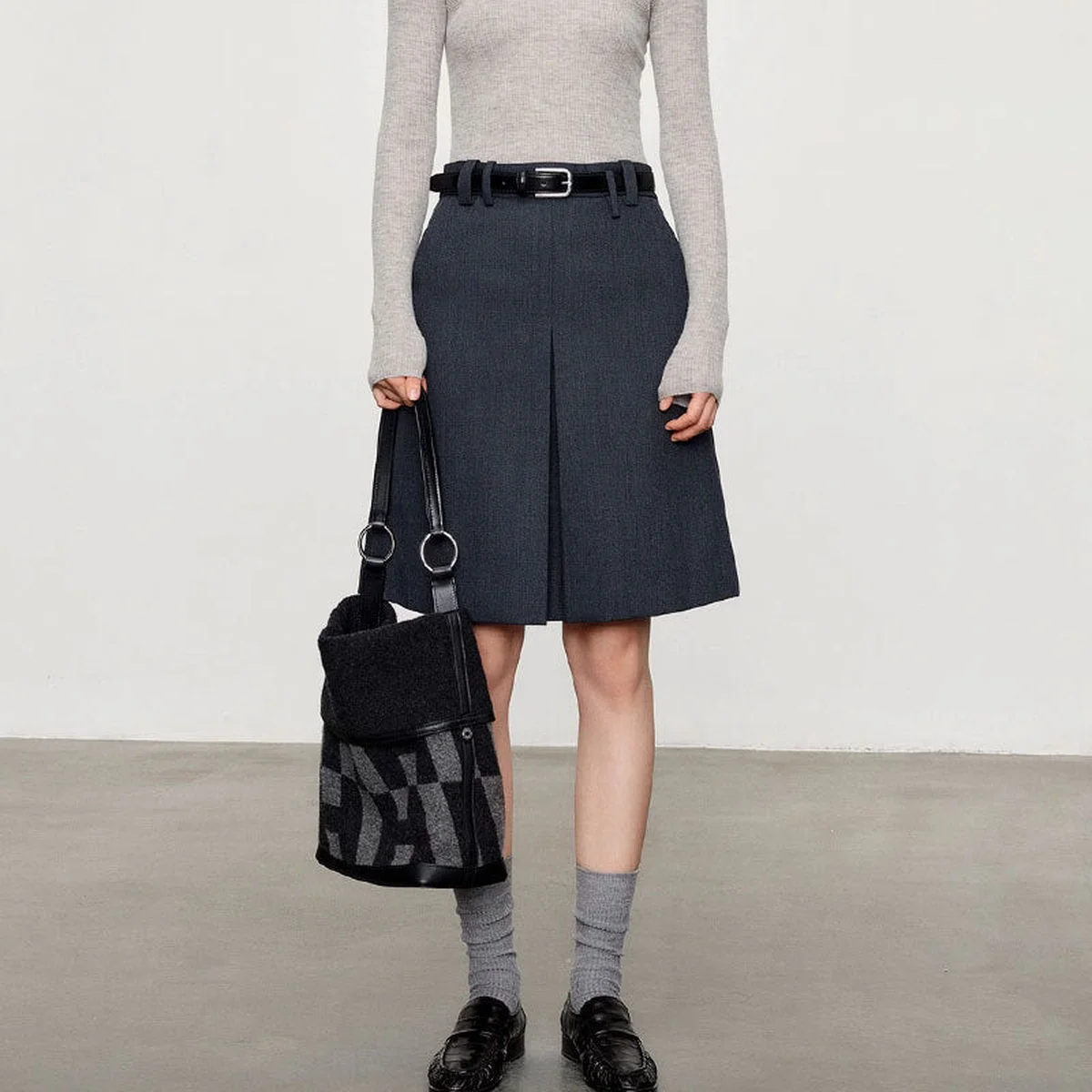 Wool Serge Twill Midi Skirt – High Waist A-Line Office Style - Image 1