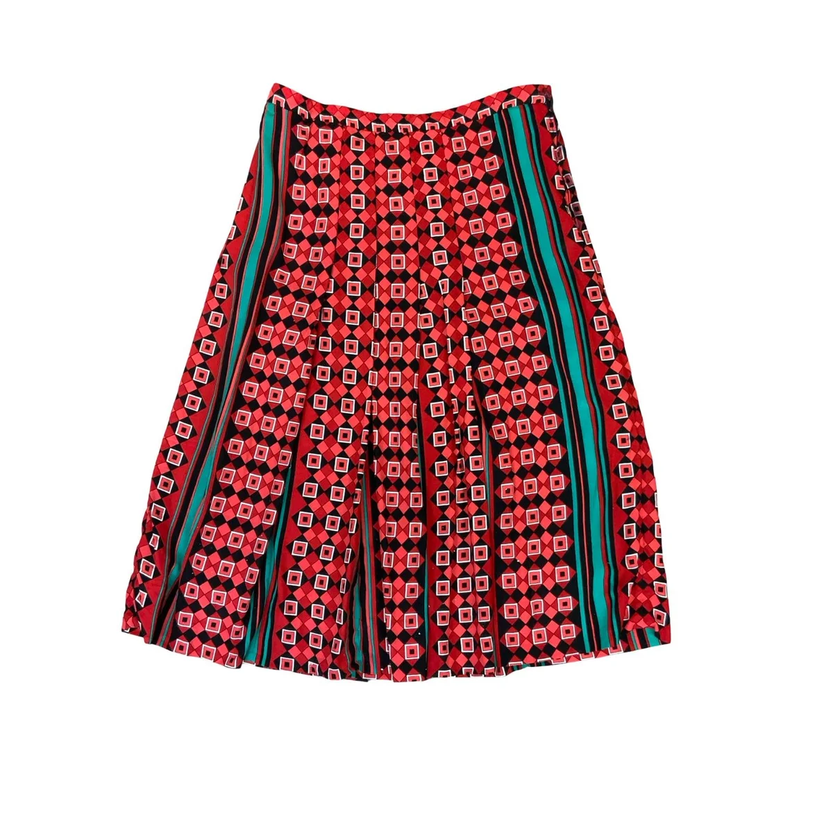80s RED TEAL GREEN BLACK GEOMETRIC STRIPE PATTERNED PLEATED MIDI SKIRT S 10 - Image 1