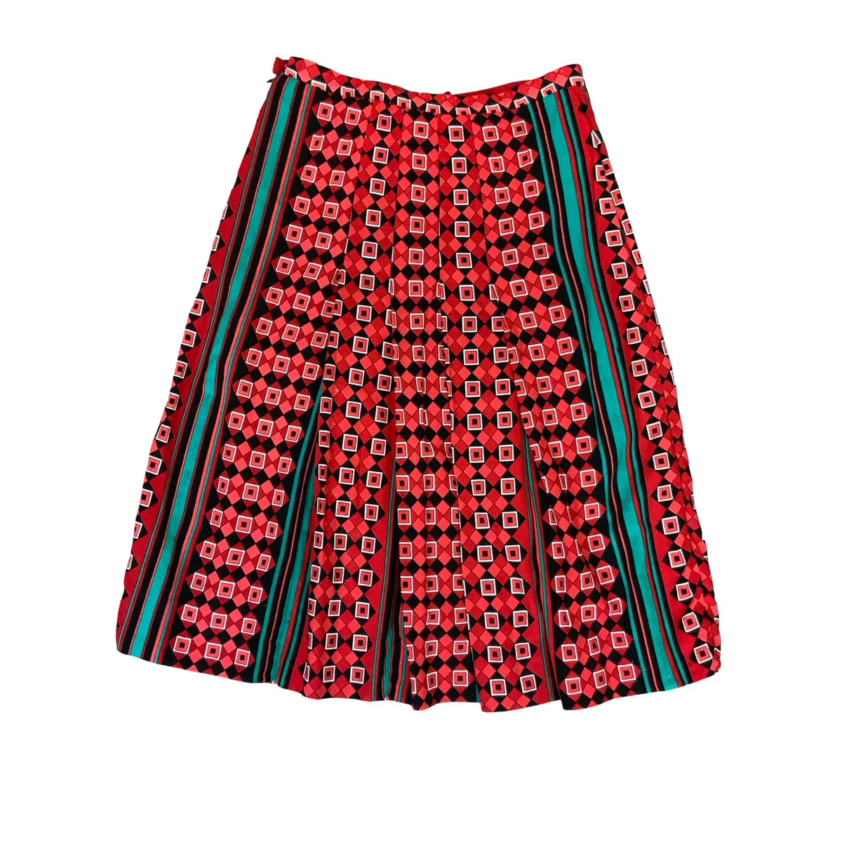 80s RED TEAL GREEN BLACK GEOMETRIC STRIPE PATTERNED PLEATED MIDI SKIRT S 10 thumbnail 3