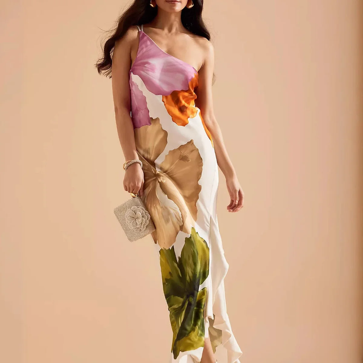 Lotus leaf edge spliced hem printed long skirt