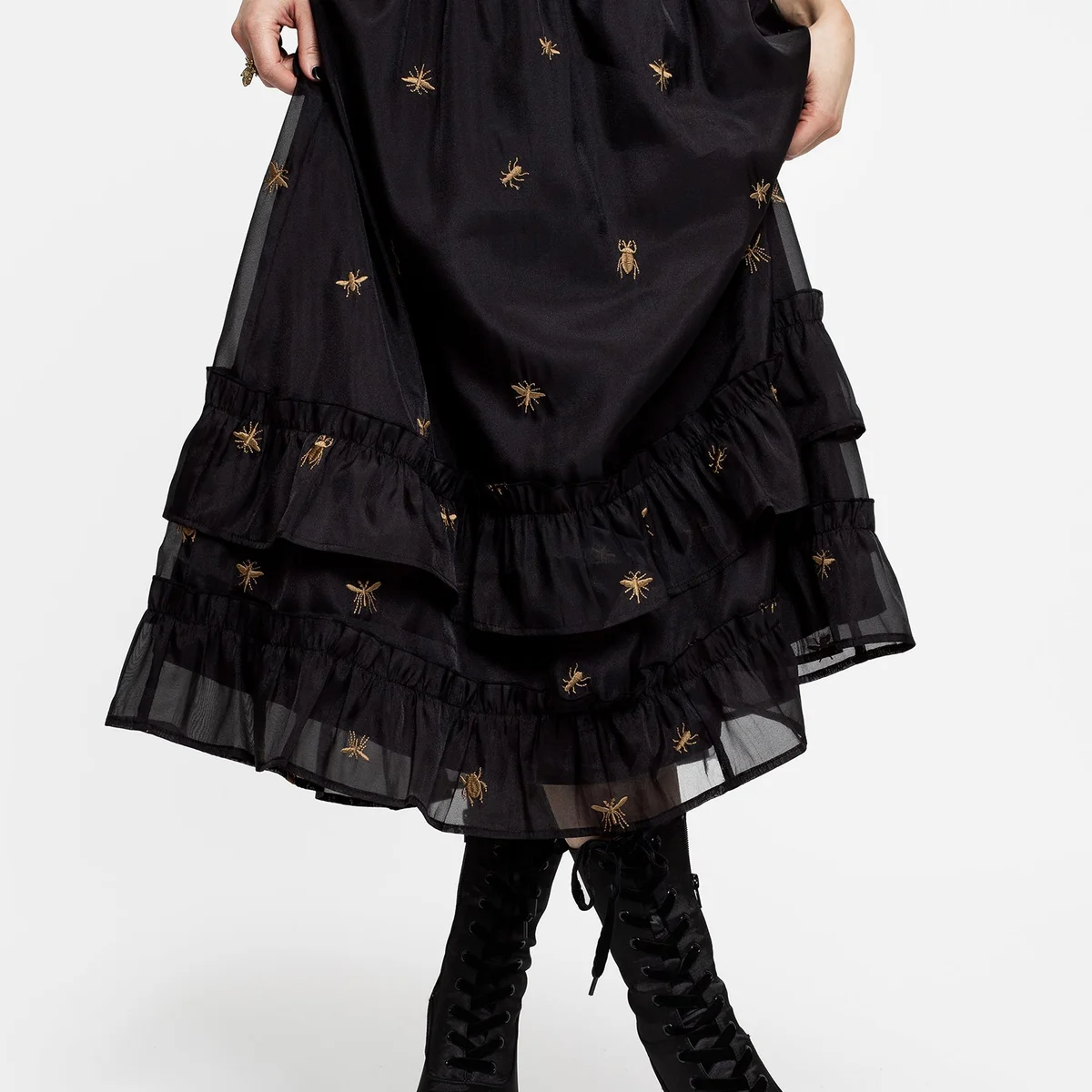 Insectarium Embroidered Organza Tiered Midi Skirt
