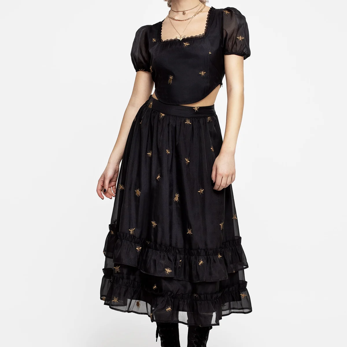 Insectarium Embroidered Organza Tiered Midi Skirt thumbnail 4