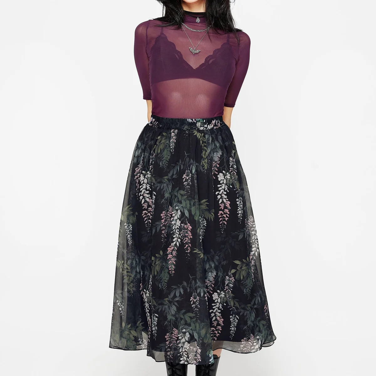 Wisteria Floral Print Chiffon Midi Skirt thumbnail 3