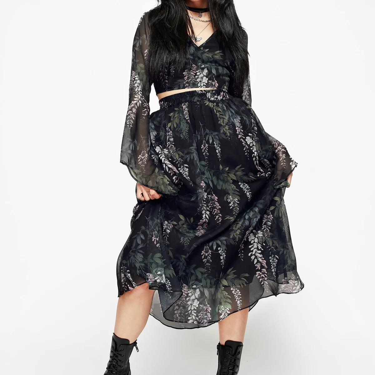 Wisteria Floral Print Chiffon Midi Skirt thumbnail 4