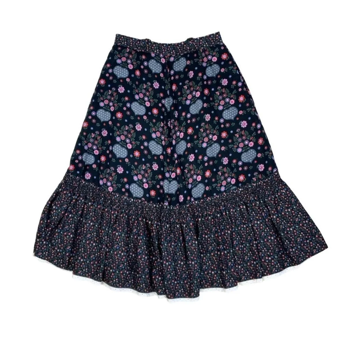 VTG 90s 'YESSICA' by C&A FLORAL BLUE PINK TIERED PRAIRIE FOLK MIDI SKIRT S 8 10 - Image 1