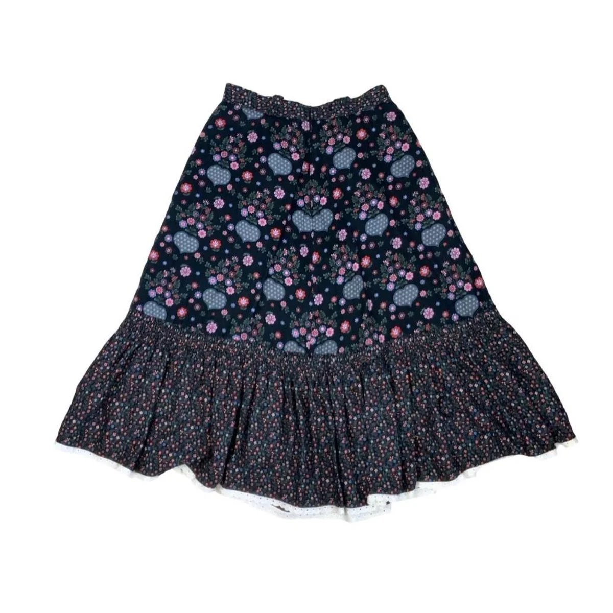 VTG 90s 'YESSICA' by C&A FLORAL BLUE PINK TIERED PRAIRIE FOLK MIDI SKIRT S 8 10 thumbnail 3
