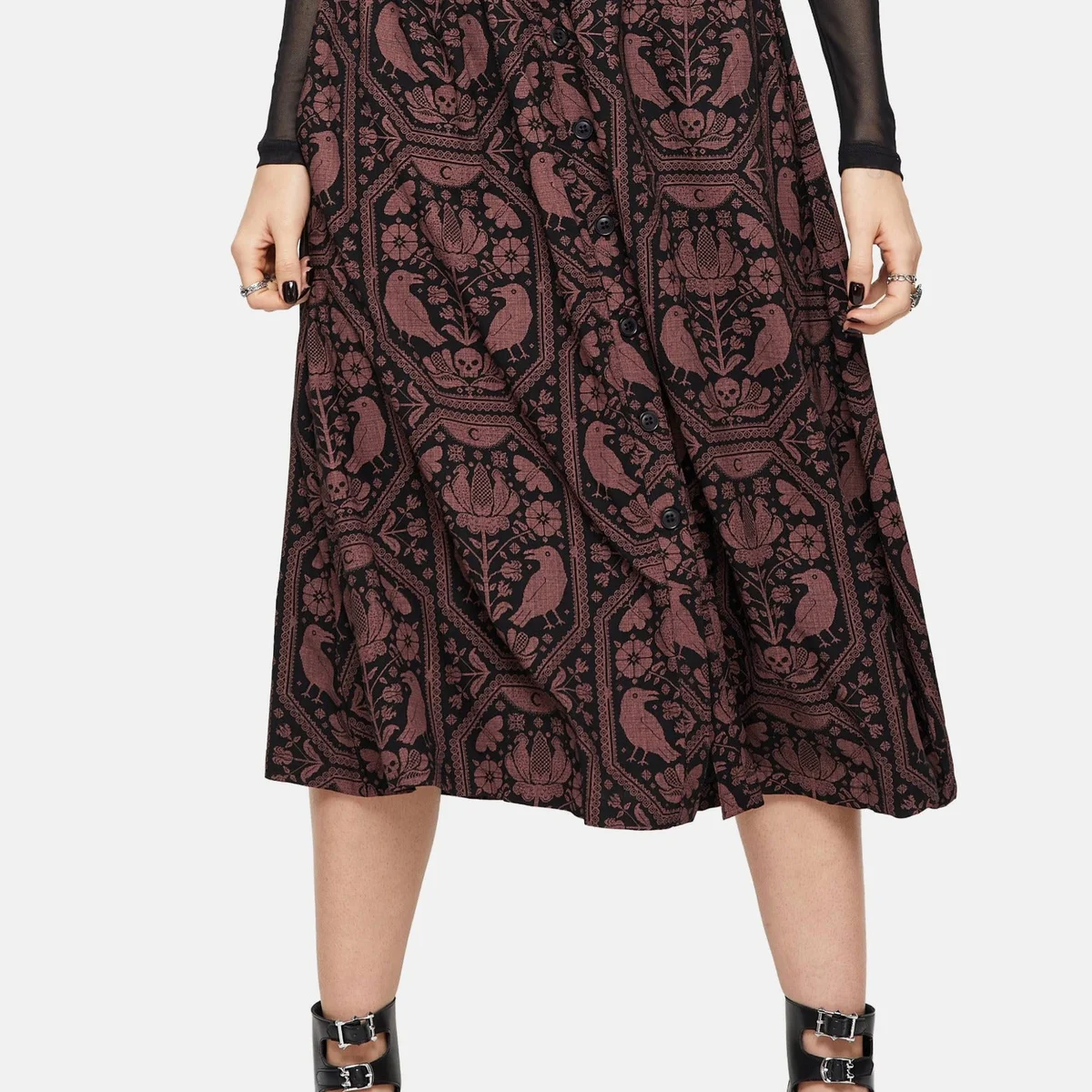 Annabel Inverted Raven Print Button Down Midi Skirt - Image 1