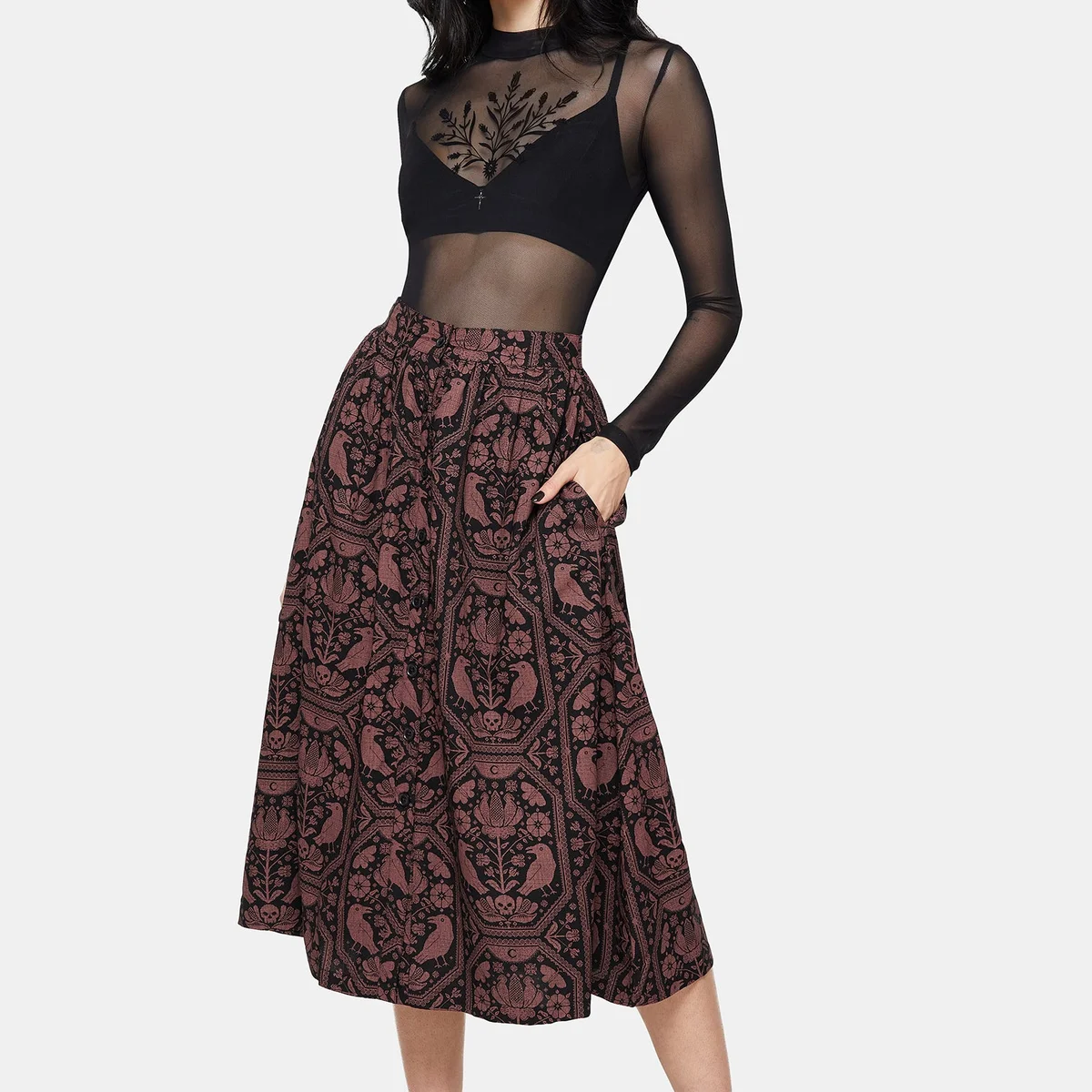 Annabel Inverted Raven Print Button Down Midi Skirt thumbnail 4