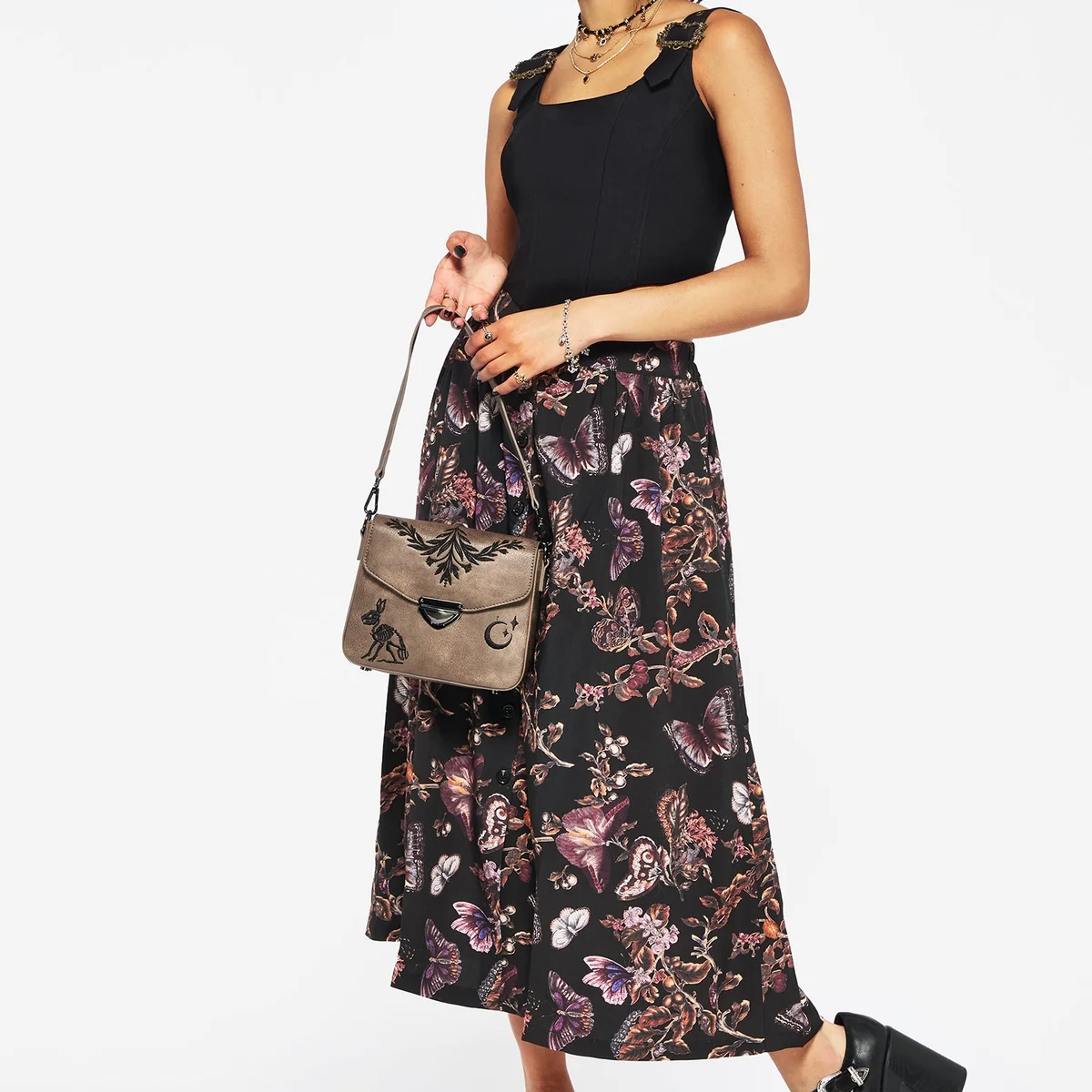 Eloise Floral Butterfly Print Button Up Midi Skirt thumbnail 4