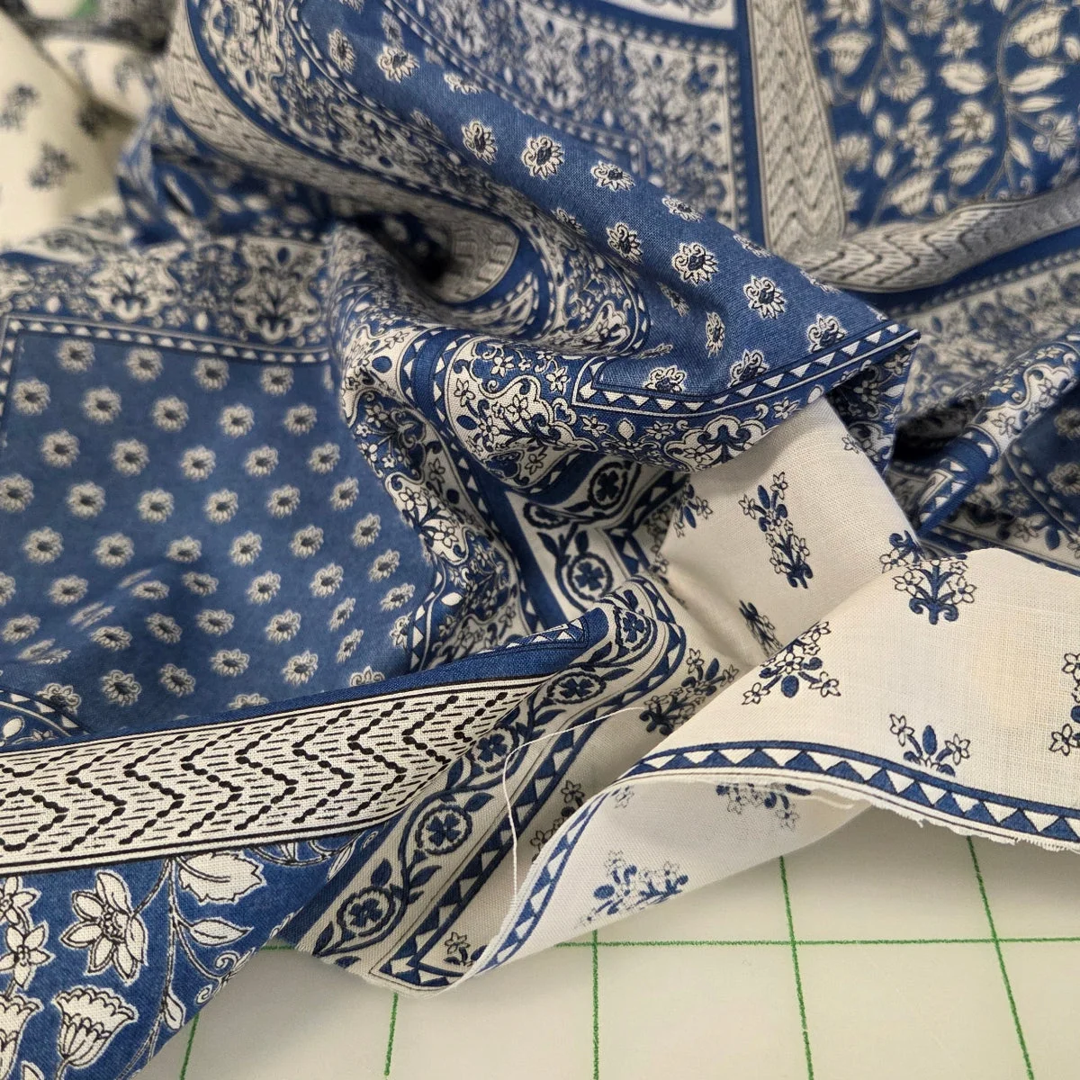 Japan Fabric: Hokkoh Bandana Tile Cotton Print Blue and Cream 2.1oz Cotton Lawn- by the yard - Image 1