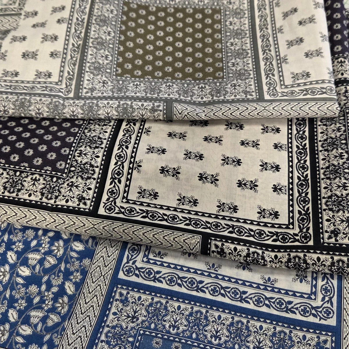 Japan Fabric: Hokkoh Bandana Tile Cotton Print Blue and Cream 2.1oz Cotton Lawn- by the yard thumbnail 2