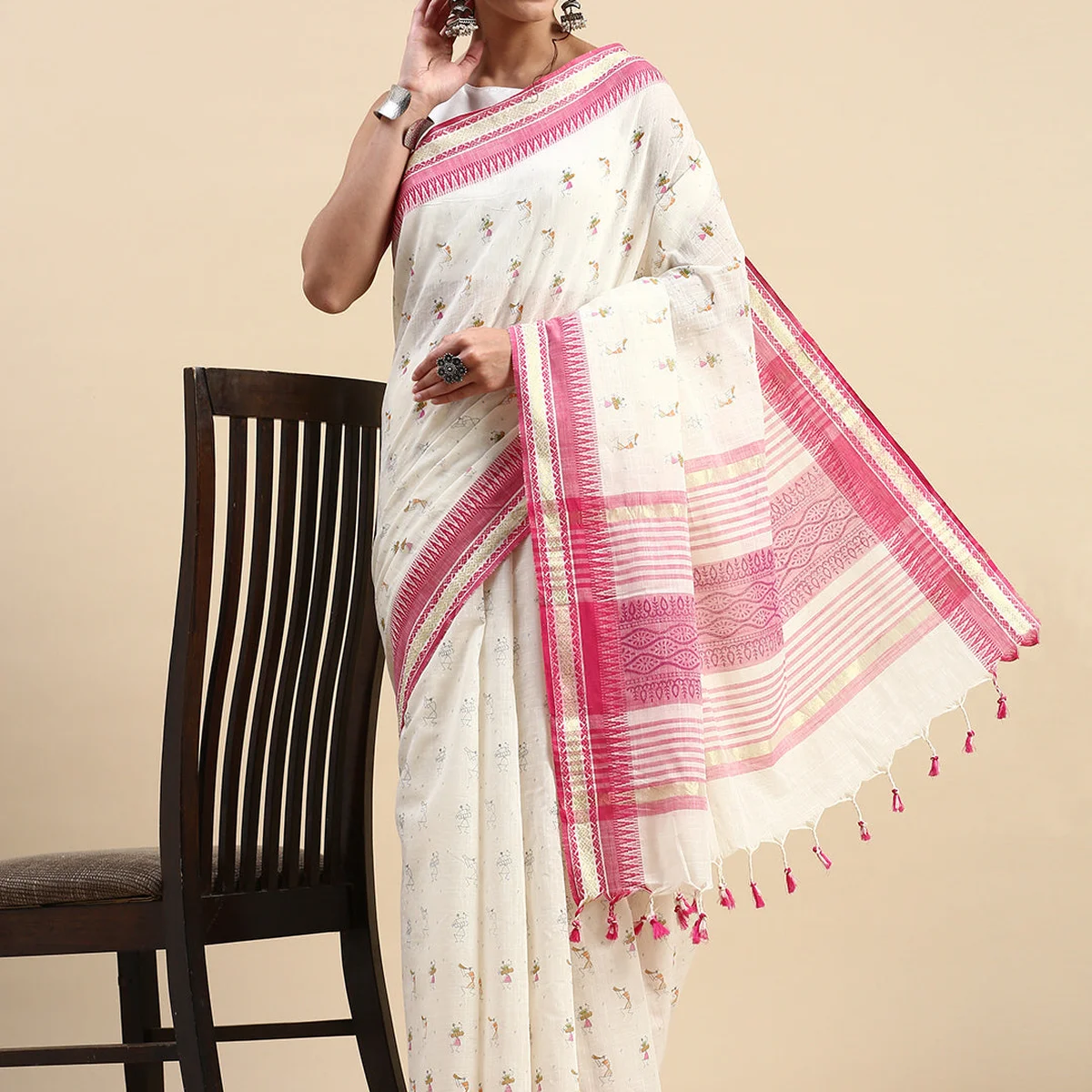 Semi Cotton Printed Saree White and Pink SCS08 - Image 1