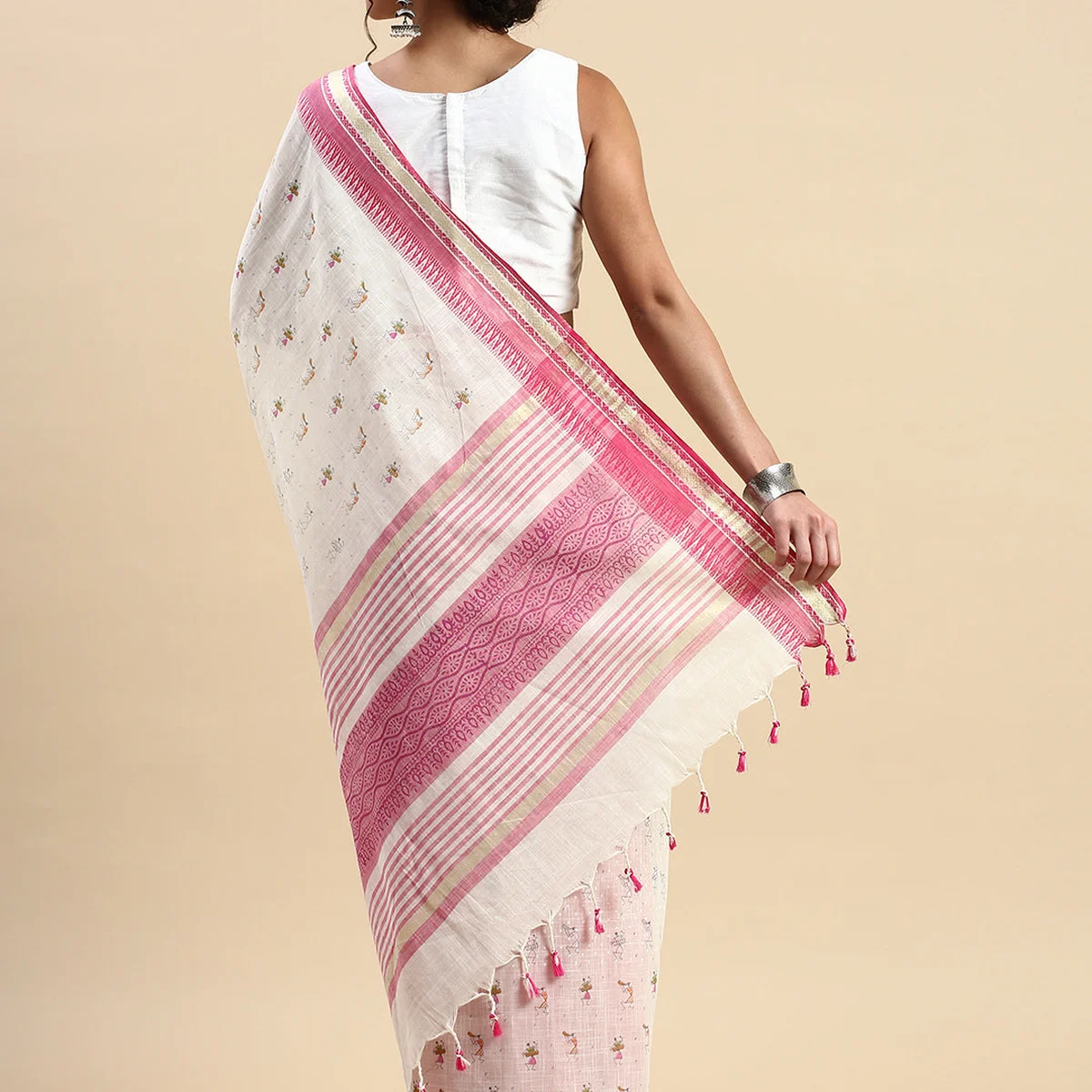 Semi Cotton Printed Saree White and Pink SCS08 thumbnail 2