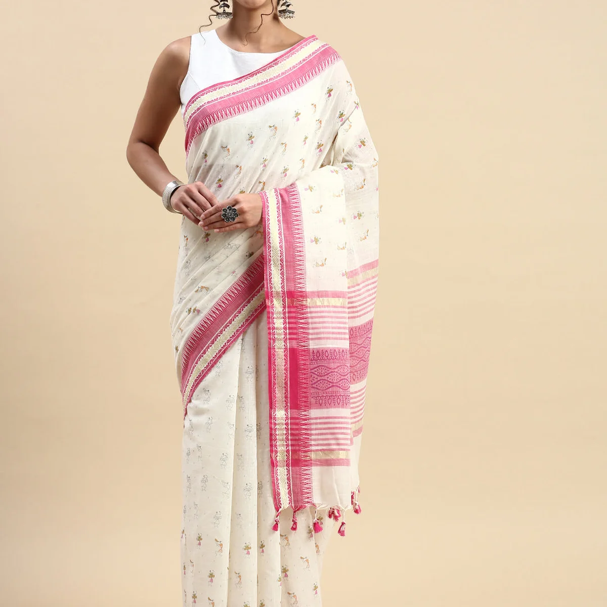 Semi Cotton Printed Saree White and Pink SCS08 thumbnail 3