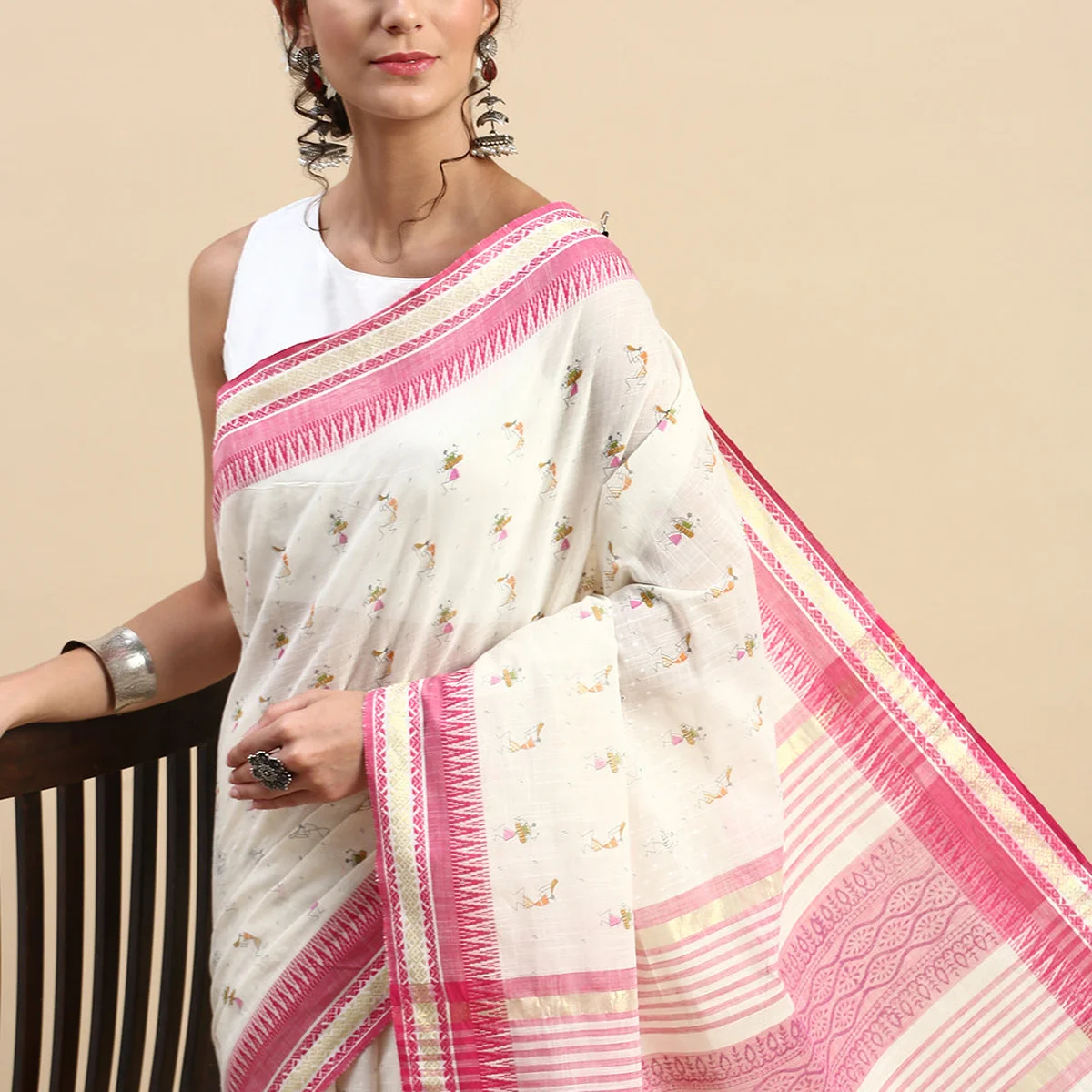 Semi Cotton Printed Saree White and Pink SCS08 thumbnail 4