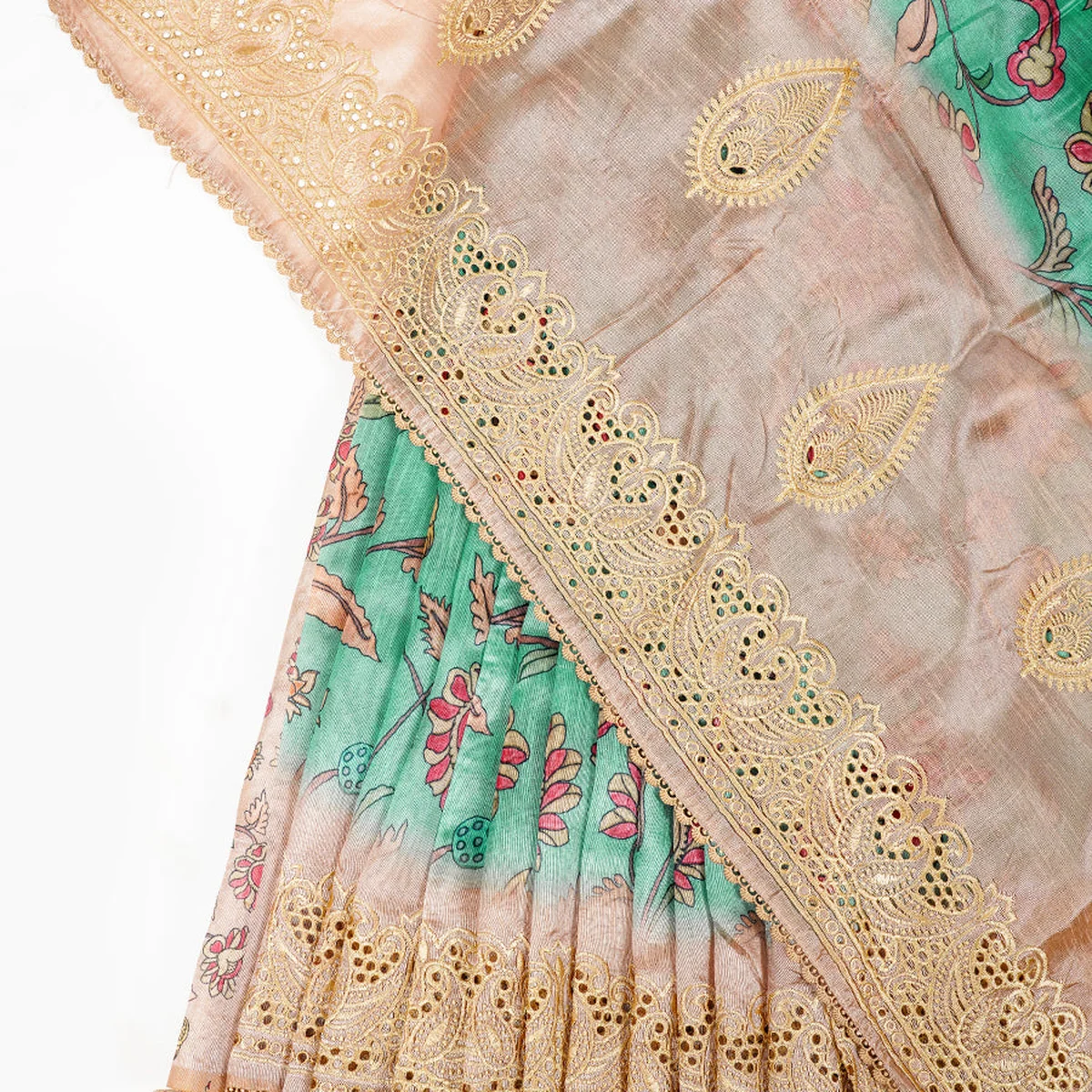 Semi Raw Silk Green and Sandal Colour Flower Design Printed Saree SRS17 thumbnail 2