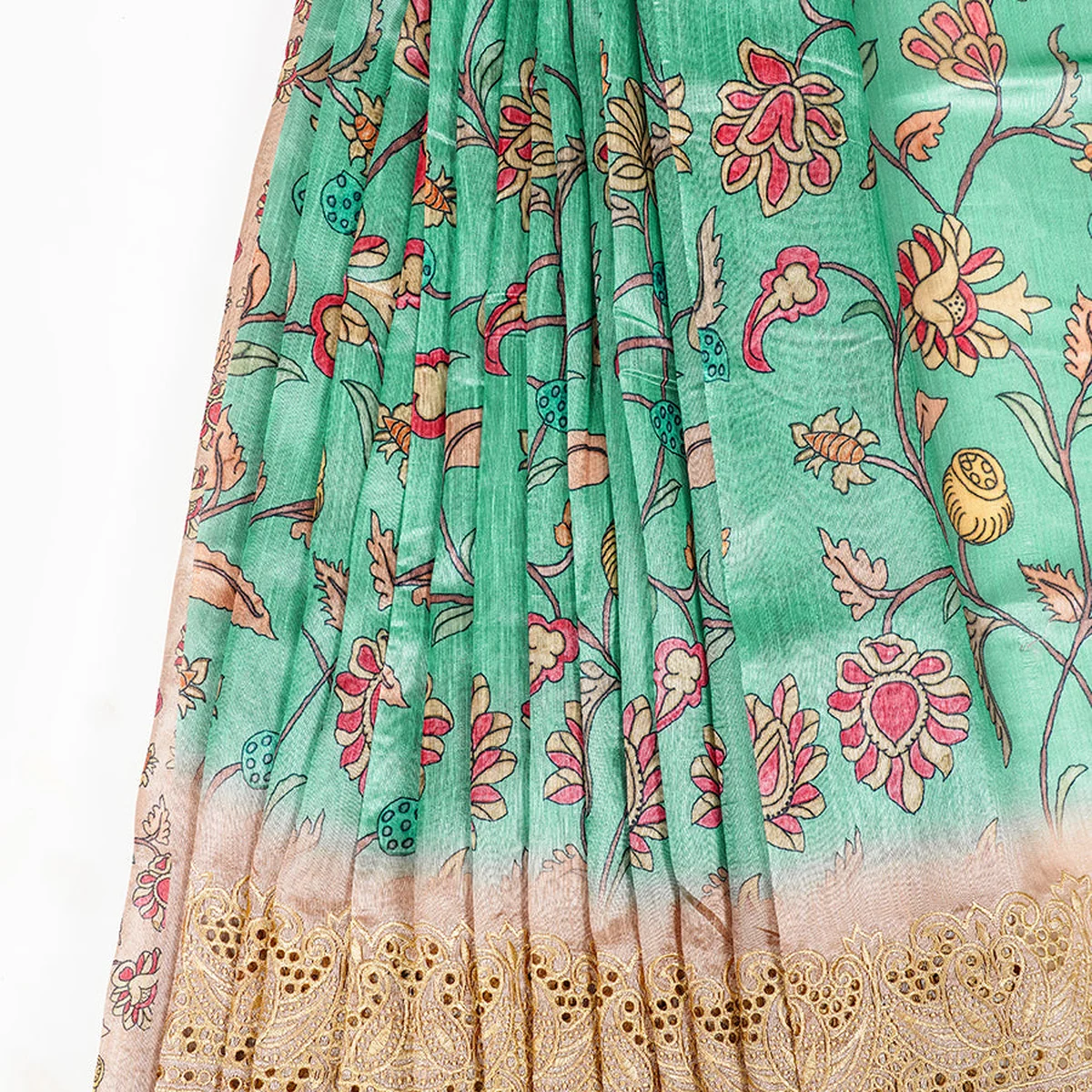 Semi Raw Silk Green and Sandal Colour Flower Design Printed Saree SRS17 thumbnail 3