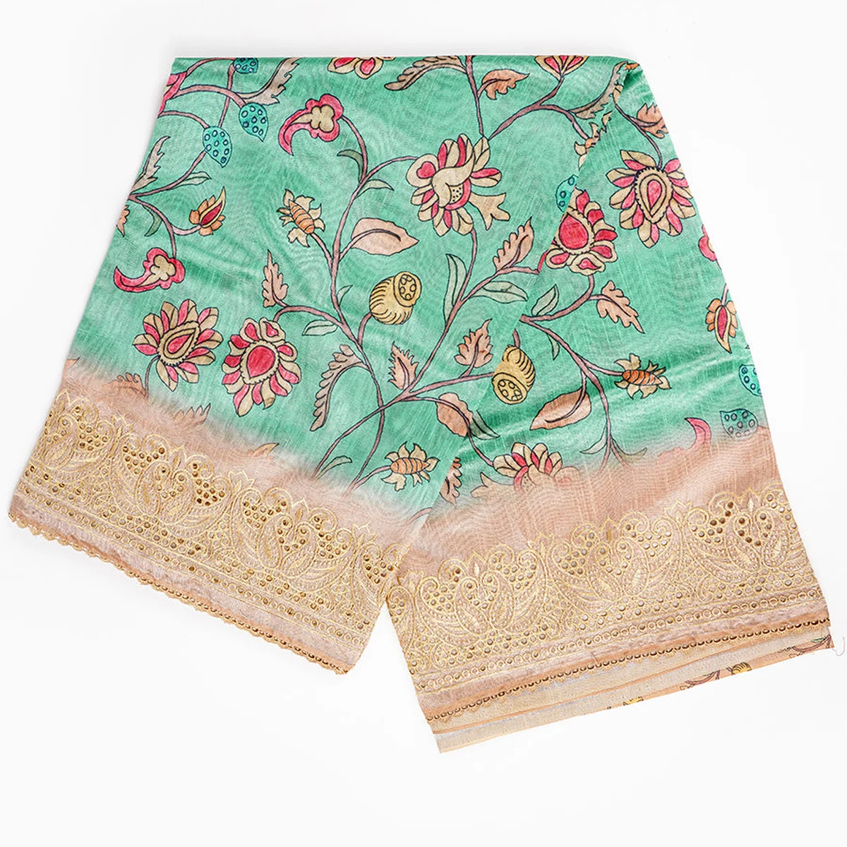 Semi Raw Silk Green and Sandal Colour Flower Design Printed Saree SRS17 thumbnail 4