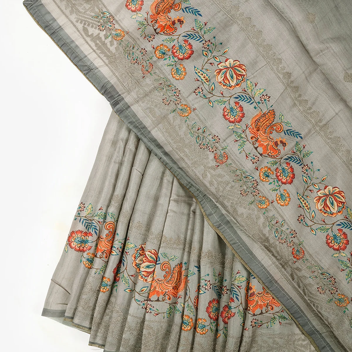 Semi Raw Silk Grey Colour Printed Saree with Embroidered Border SRS15 thumbnail 2