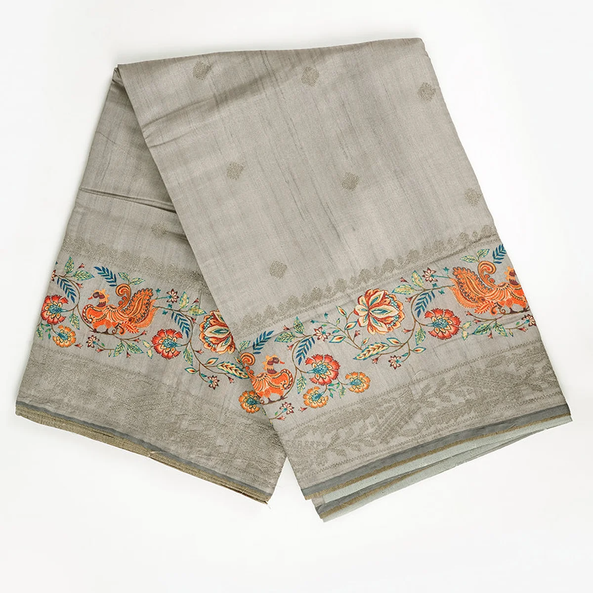 Semi Raw Silk Grey Colour Printed Saree with Embroidered Border SRS15 thumbnail 4