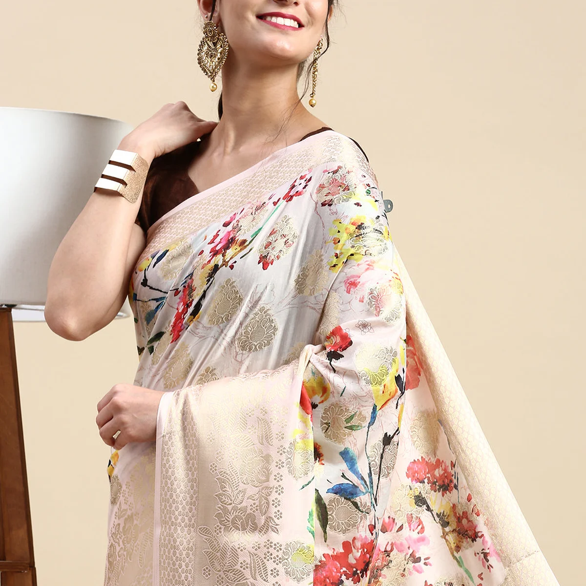 Semi Tussar Sandal Flower Printed Saree with Tassels STP14 thumbnail 2