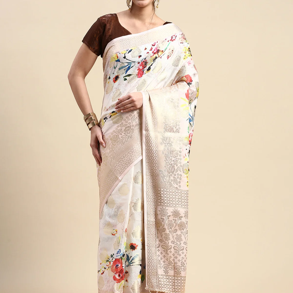 Semi Tussar Sandal Flower Printed Saree with Tassels STP14 thumbnail 3