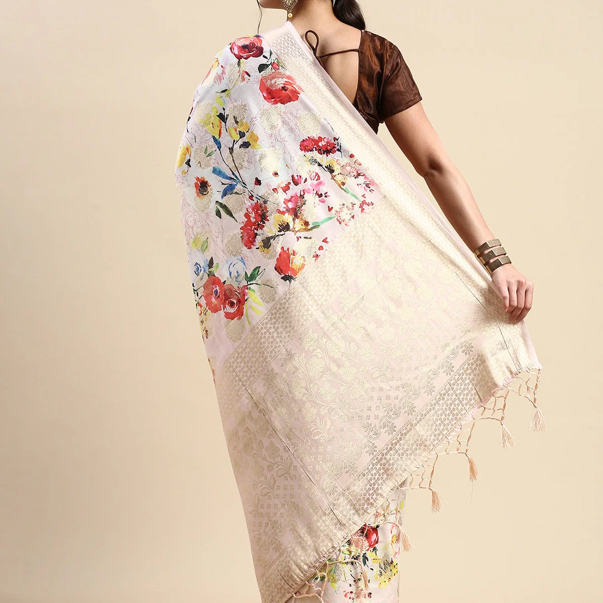 Semi Tussar Sandal Flower Printed Saree with Tassels STP14 thumbnail 4