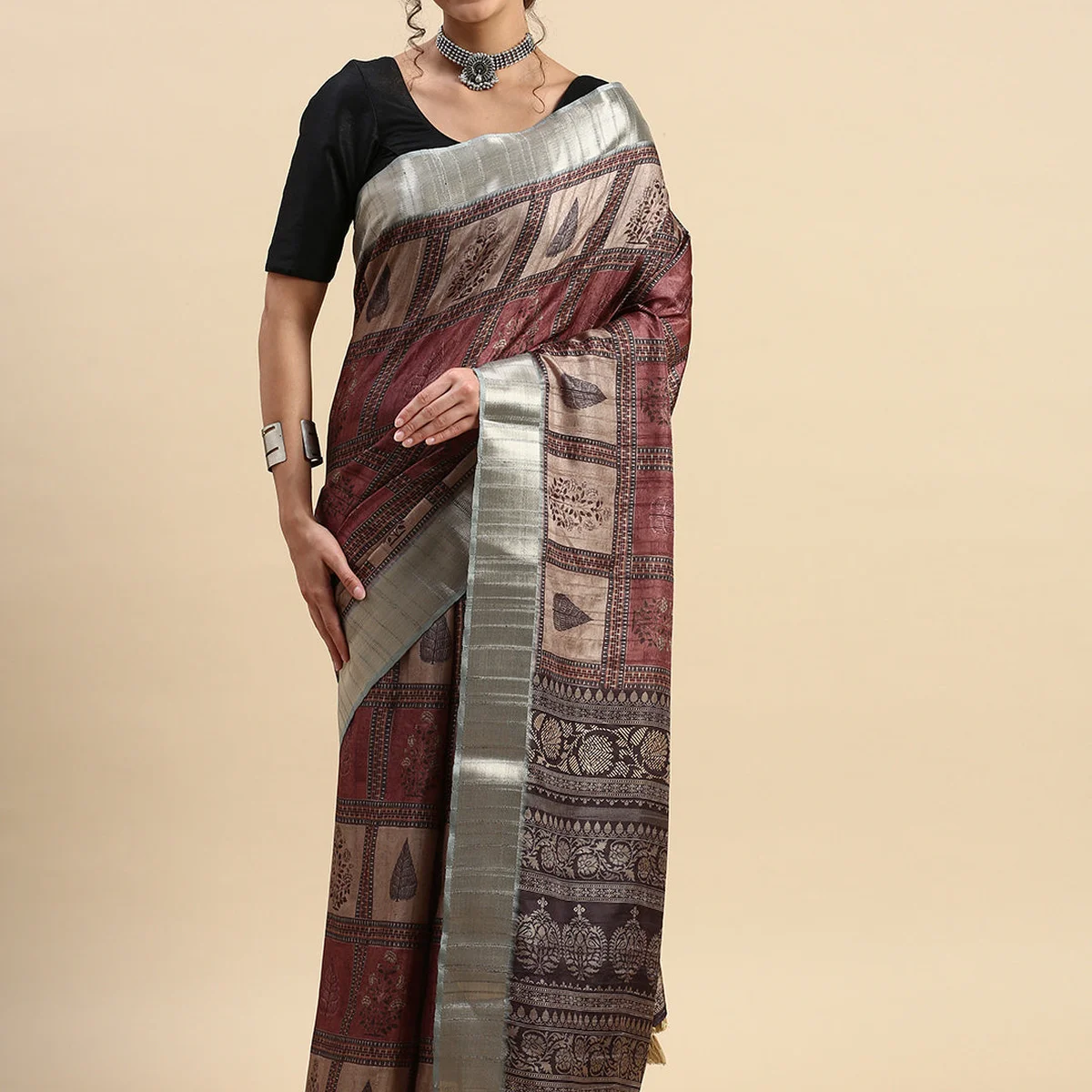 Semi Tussar Printed Saree Black with Tassels STP06 - Image 1