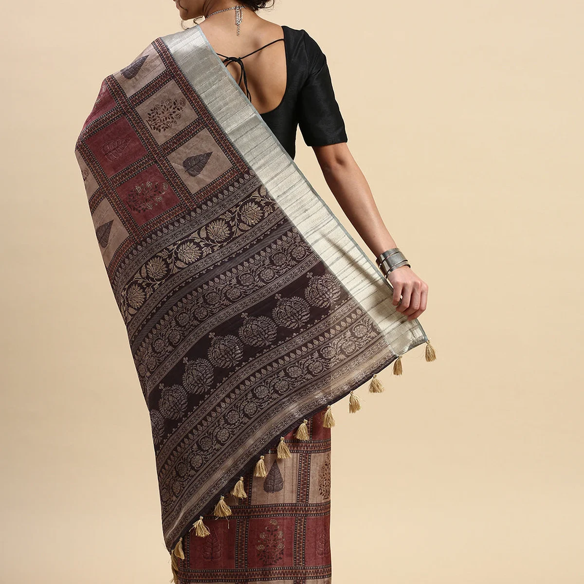 Semi Tussar Printed Saree Black with Tassels STP06 thumbnail 2